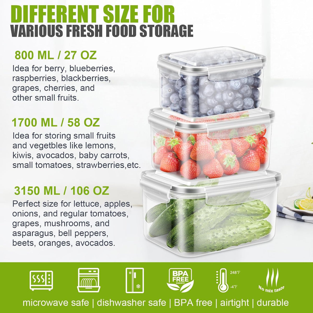8 Pieces Fruit Storage Container for Fridge, 4Pack Plastic Fruit Containers for Fridge with Removable Colander, Container for Fruit Berry Salad Lettuce, BPA Free Kitchen Refrigerator Organizers