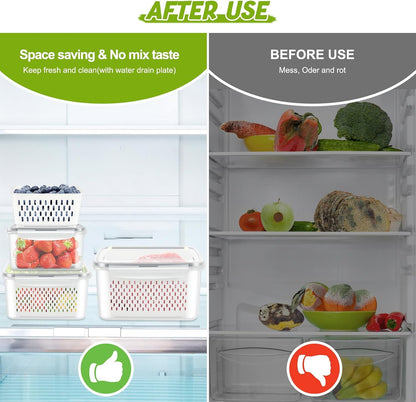 8 Pieces Fruit Storage Container for Fridge, 4Pack Plastic Fruit Containers for Fridge with Removable Colander, Container for Fruit Berry Salad Lettuce, BPA Free Kitchen Refrigerator Organizers