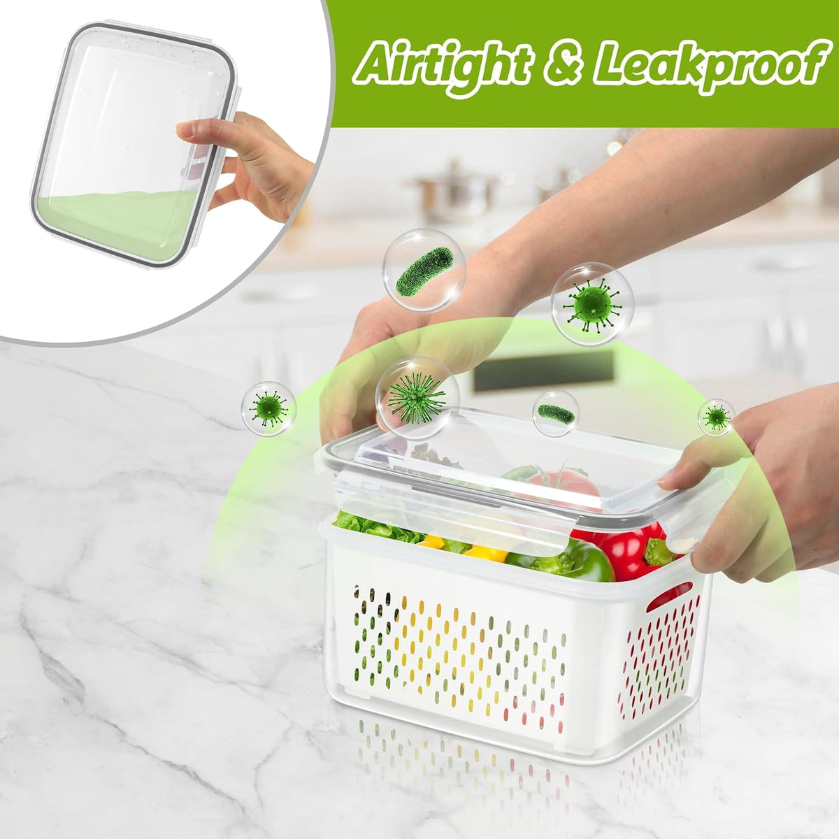 8 Pieces Fruit Storage Container for Fridge, 4Pack Plastic Fruit Containers for Fridge with Removable Colander, Container for Fruit Berry Salad Lettuce, BPA Free Kitchen Refrigerator Organizers