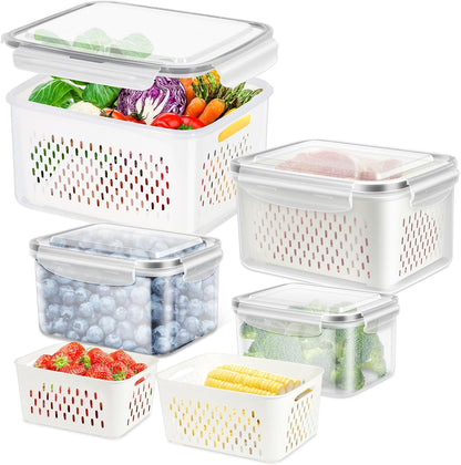 8 Pieces Fruit Storage Container for Fridge, 4Pack Plastic Fruit Containers for Fridge with Removable Colander, Container for Fruit Berry Salad Lettuce, BPA Free Kitchen Refrigerator Organizers