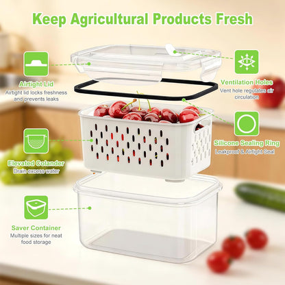 8 Pieces Fruit Storage Container for Fridge, 4Pack Plastic Fruit Containers for Fridge with Removable Colander, Container for Fruit Berry Salad Lettuce, BPA Free Kitchen Refrigerator Organizers