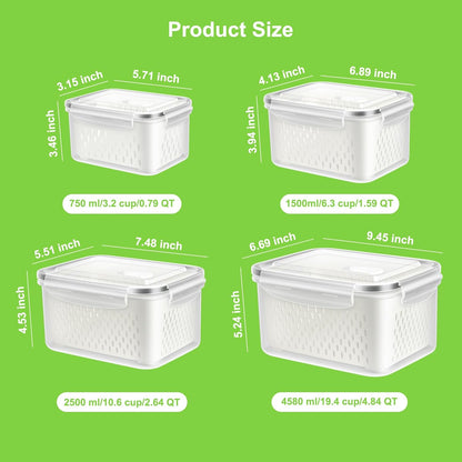 8 Pieces Fruit Storage Container for Fridge, 4Pack Plastic Fruit Containers for Fridge with Removable Colander, Container for Fruit Berry Salad Lettuce, BPA Free Kitchen Refrigerator Organizers