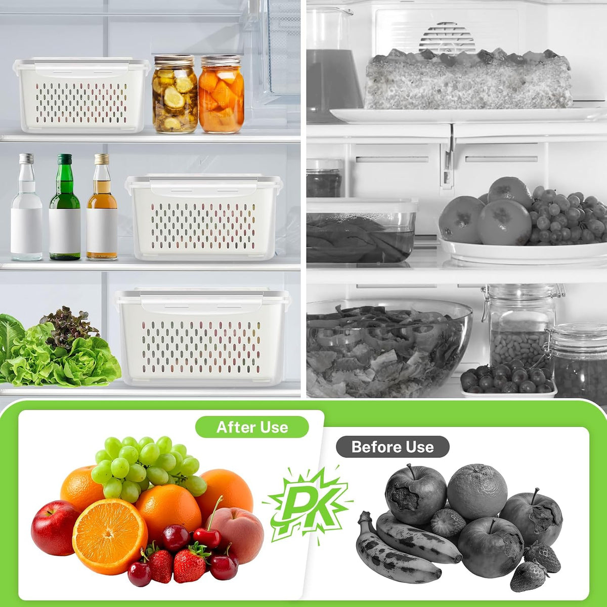 8 Pieces Fruit Storage Container for Fridge, 4Pack Plastic Fruit Containers for Fridge with Removable Colander, Container for Fruit Berry Salad Lettuce, BPA Free Kitchen Refrigerator Organizers