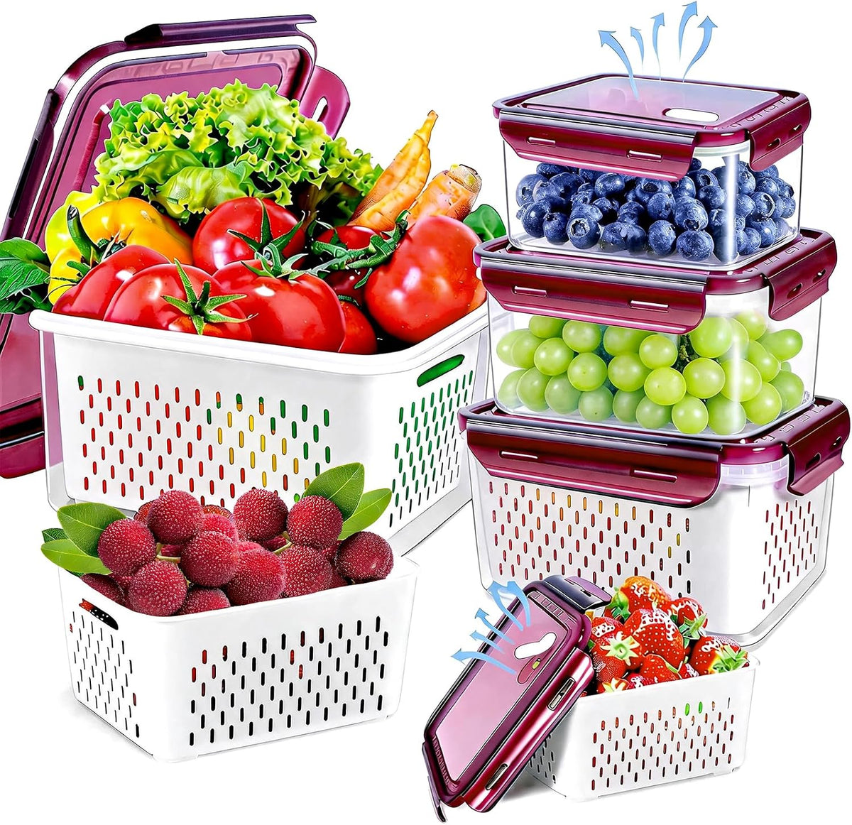 8 Pieces Fruit Storage Container for Fridge, 4Pack Plastic Fruit Containers for Fridge with Removable Colander, Container for Fruit Berry Salad Lettuce, BPA Free Kitchen Refrigerator Organizers