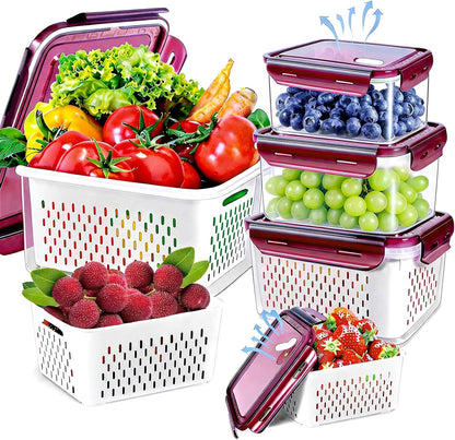 8 Pieces Fruit Storage Container for Fridge, 4Pack Plastic Fruit Containers for Fridge with Removable Colander, Container for Fruit Berry Salad Lettuce, BPA Free Kitchen Refrigerator Organizers