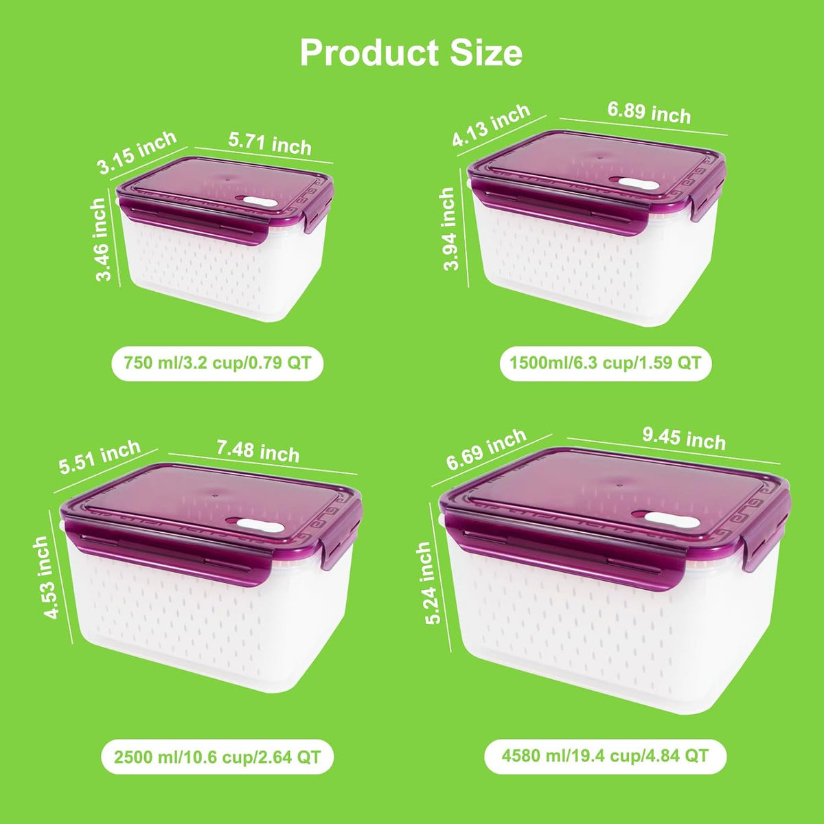 8 Pieces Fruit Storage Container for Fridge, 4Pack Plastic Fruit Containers for Fridge with Removable Colander, Container for Fruit Berry Salad Lettuce, BPA Free Kitchen Refrigerator Organizers