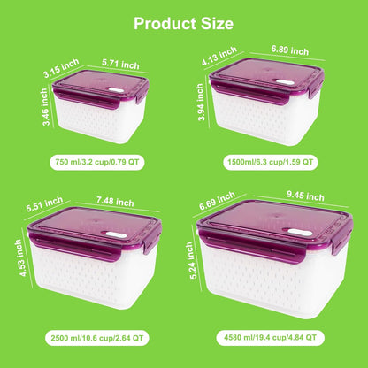 8 Pieces Fruit Storage Container for Fridge, 4Pack Plastic Fruit Containers for Fridge with Removable Colander, Container for Fruit Berry Salad Lettuce, BPA Free Kitchen Refrigerator Organizers