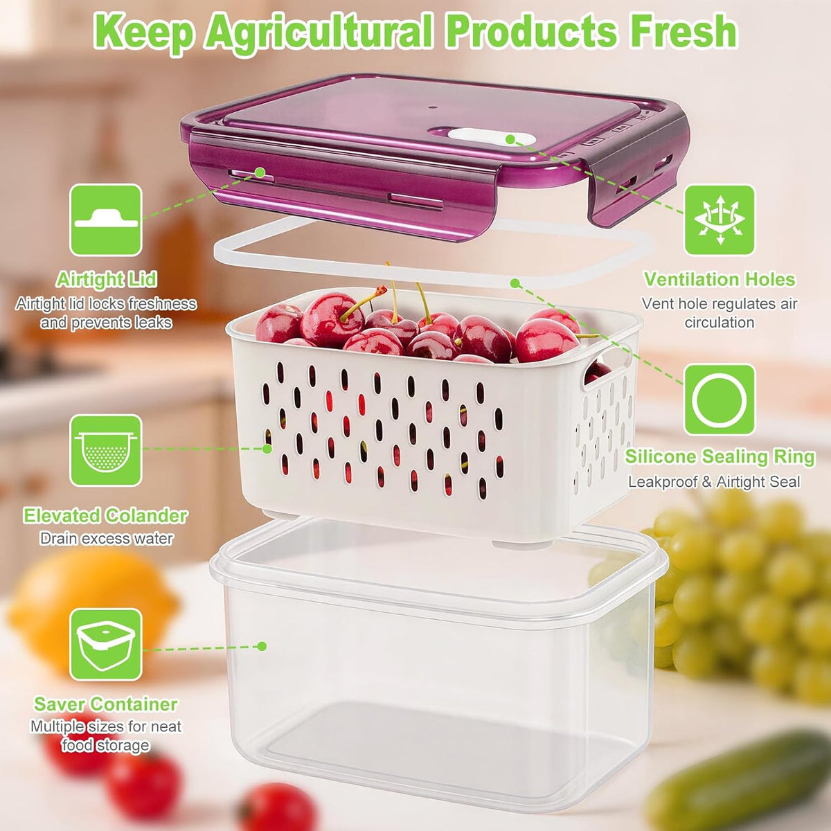 8 Pieces Fruit Storage Container for Fridge, 4Pack Plastic Fruit Containers for Fridge with Removable Colander, Container for Fruit Berry Salad Lettuce, BPA Free Kitchen Refrigerator Organizers
