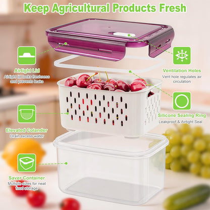 8 Pieces Fruit Storage Container for Fridge, 4Pack Plastic Fruit Containers for Fridge with Removable Colander, Container for Fruit Berry Salad Lettuce, BPA Free Kitchen Refrigerator Organizers