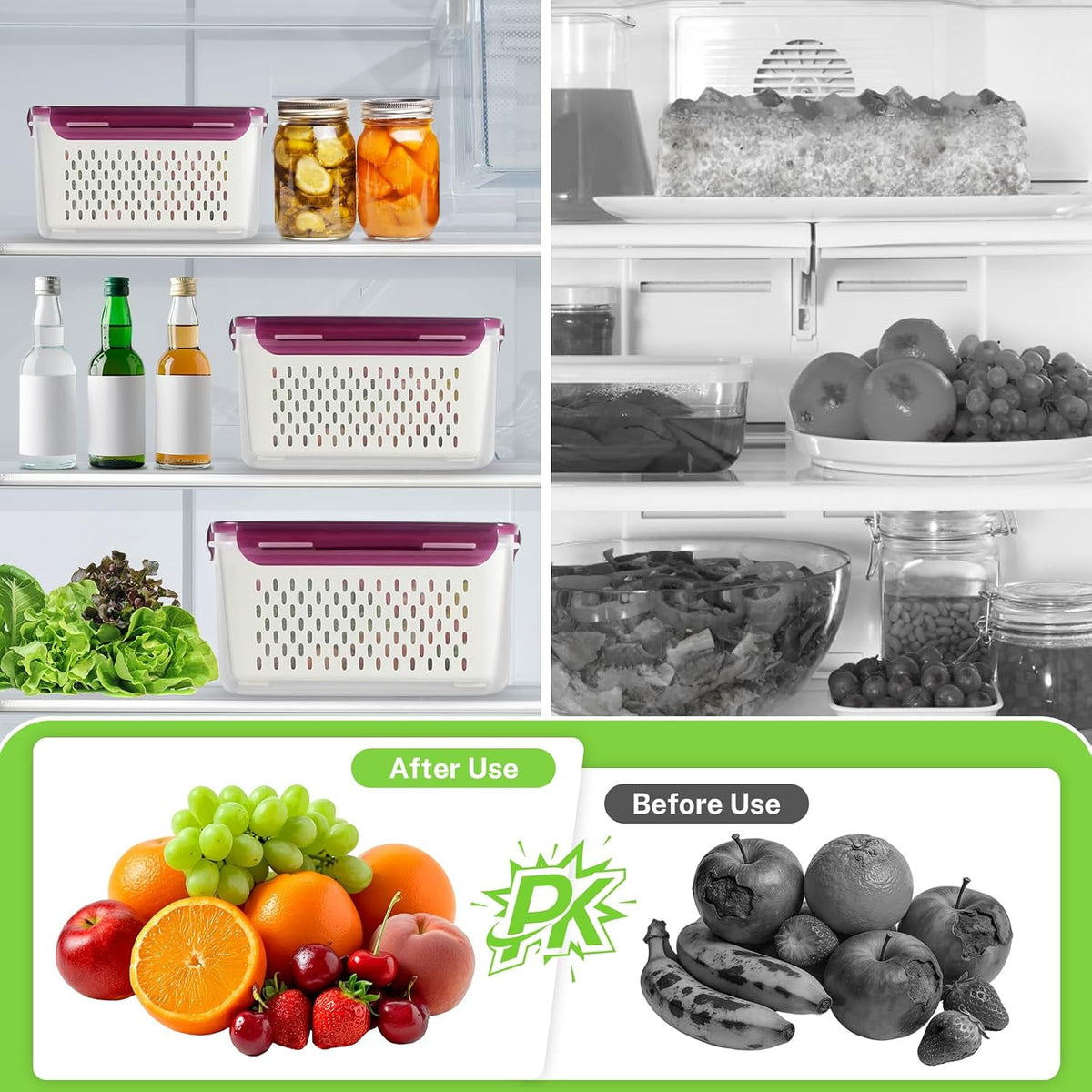 8 Pieces Fruit Storage Container for Fridge, 4Pack Plastic Fruit Containers for Fridge with Removable Colander, Container for Fruit Berry Salad Lettuce, BPA Free Kitchen Refrigerator Organizers
