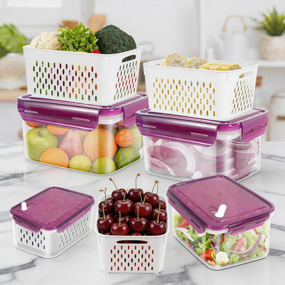 8 Pieces Fruit Storage Container for Fridge, 4Pack Plastic Fruit Containers for Fridge with Removable Colander, Container for Fruit Berry Salad Lettuce, BPA Free Kitchen Refrigerator Organizers