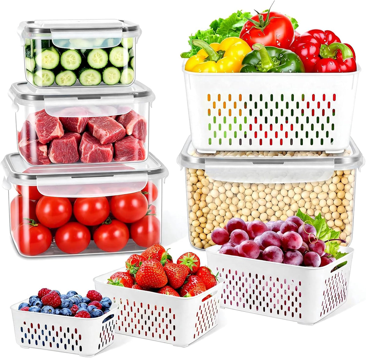 8 Pieces Fruit Storage Container for Fridge, 4Pack Plastic Fruit Containers for Fridge with Removable Colander, Container for Fruit Berry Salad Lettuce, BPA Free Kitchen Refrigerator Organizers