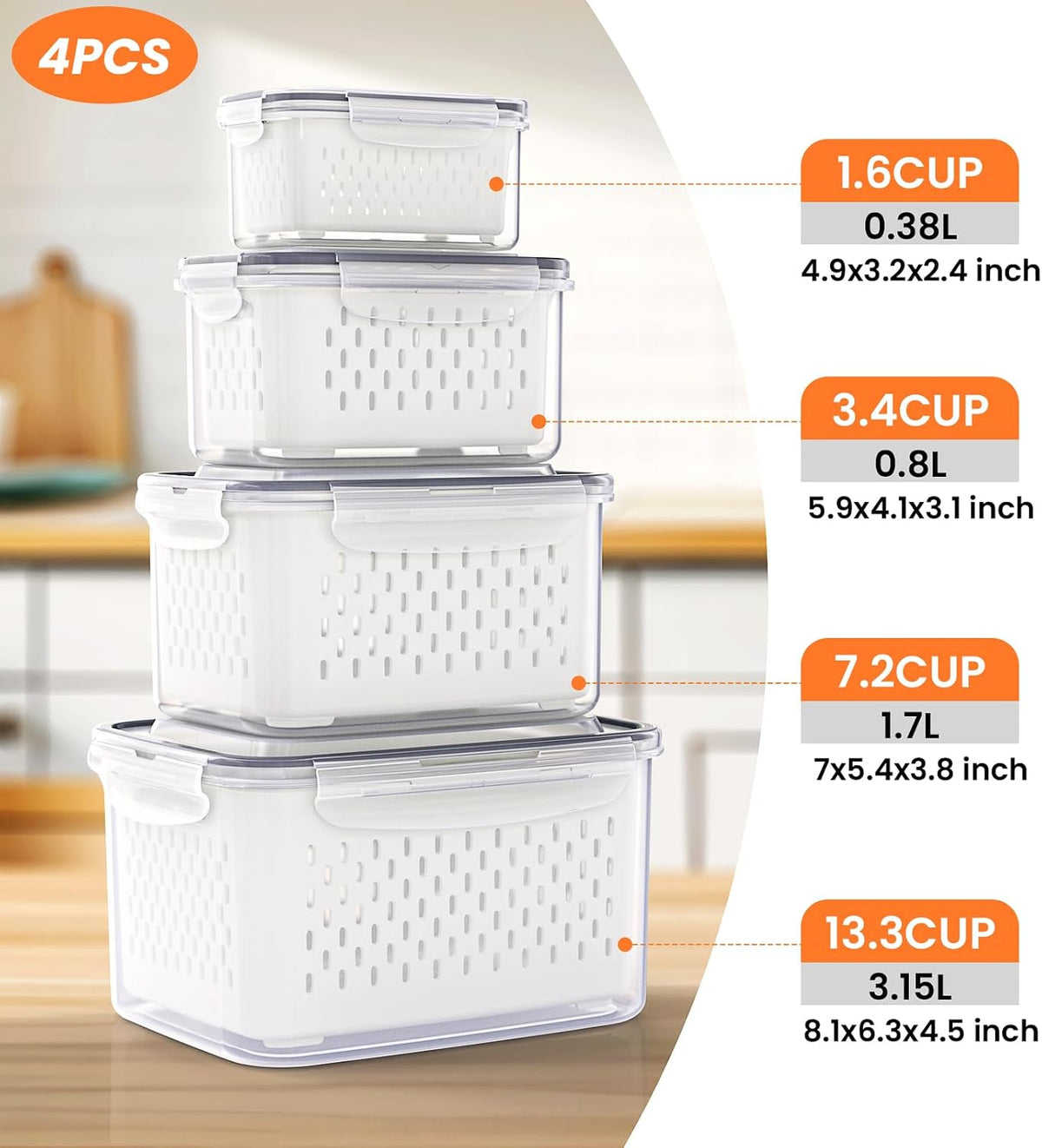 8 Pieces Fruit Storage Container for Fridge, 4Pack Plastic Fruit Containers for Fridge with Removable Colander, Container for Fruit Berry Salad Lettuce, BPA Free Kitchen Refrigerator Organizers