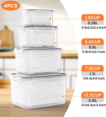 8 Pieces Fruit Storage Container for Fridge, 4Pack Plastic Fruit Containers for Fridge with Removable Colander, Container for Fruit Berry Salad Lettuce, BPA Free Kitchen Refrigerator Organizers