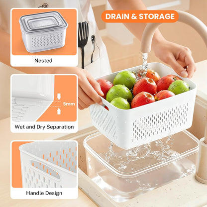 8 Pieces Fruit Storage Container for Fridge, 4Pack Plastic Fruit Containers for Fridge with Removable Colander, Container for Fruit Berry Salad Lettuce, BPA Free Kitchen Refrigerator Organizers