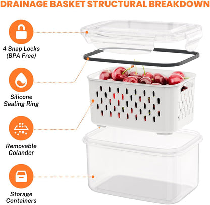 8 Pieces Fruit Storage Container for Fridge, 4Pack Plastic Fruit Containers for Fridge with Removable Colander, Container for Fruit Berry Salad Lettuce, BPA Free Kitchen Refrigerator Organizers