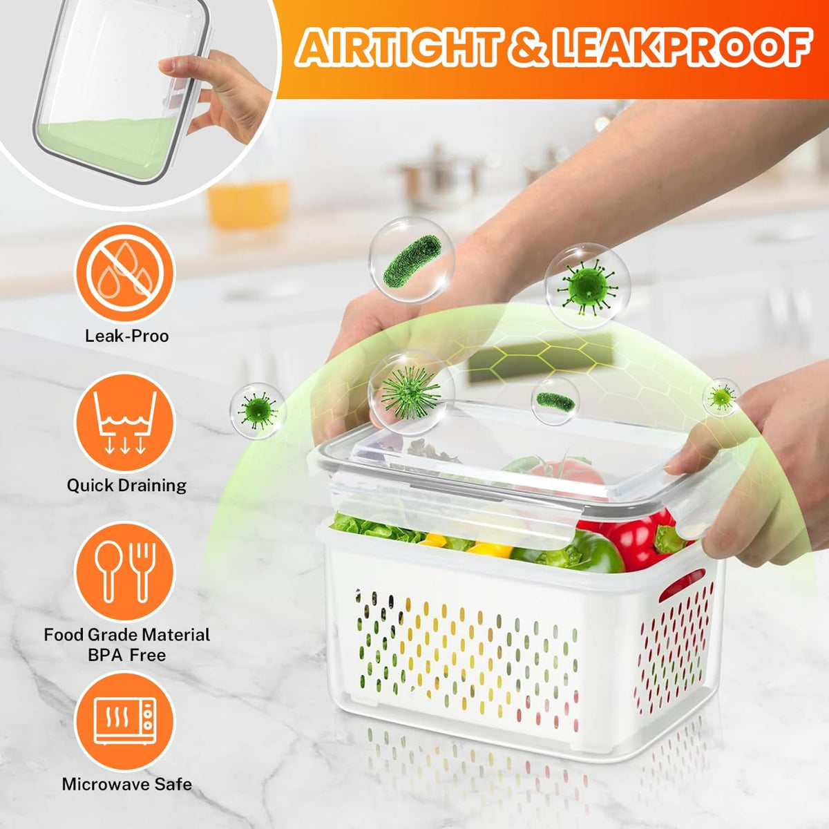 8 Pieces Fruit Storage Container for Fridge, 4Pack Plastic Fruit Containers for Fridge with Removable Colander, Container for Fruit Berry Salad Lettuce, BPA Free Kitchen Refrigerator Organizers