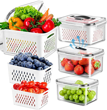 8 Pieces Fruit Storage Container for Fridge, 4Pack Plastic Fruit Containers for Fridge with Removable Colander, Container for Fruit Berry Salad Lettuce, BPA Free Kitchen Refrigerator Organizers