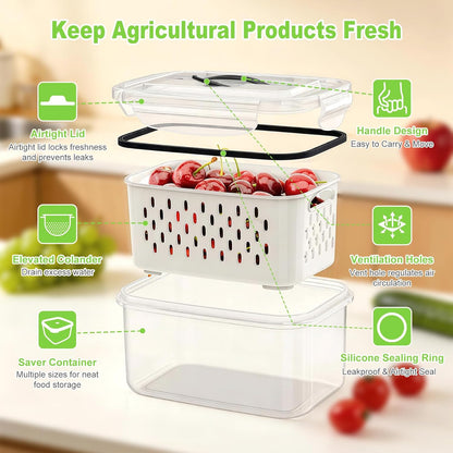 8 Pieces Fruit Storage Container for Fridge, 4Pack Plastic Fruit Containers for Fridge with Removable Colander, Container for Fruit Berry Salad Lettuce, BPA Free Kitchen Refrigerator Organizers