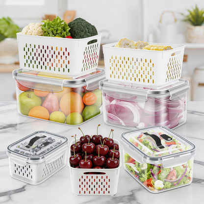 8 Pieces Fruit Storage Container for Fridge, 4Pack Plastic Fruit Containers for Fridge with Removable Colander, Container for Fruit Berry Salad Lettuce, BPA Free Kitchen Refrigerator Organizers