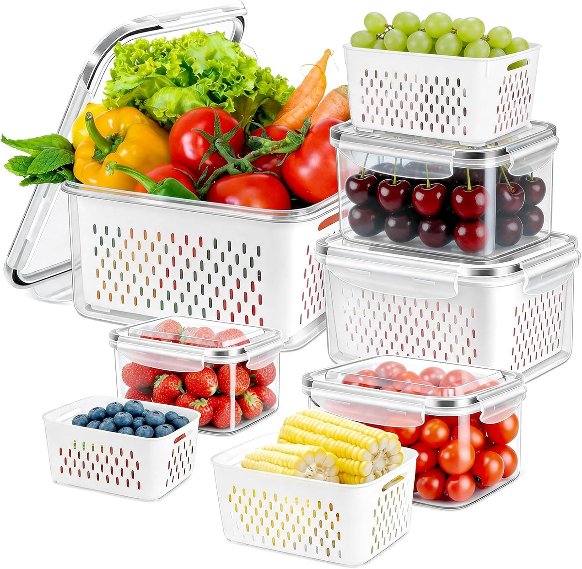 8 Pieces Fruit Storage Container for Fridge, 4Pack Plastic Fruit Containers for Fridge with Removable Colander, Container for Fruit Berry Salad Lettuce, BPA Free Kitchen Refrigerator Organizers