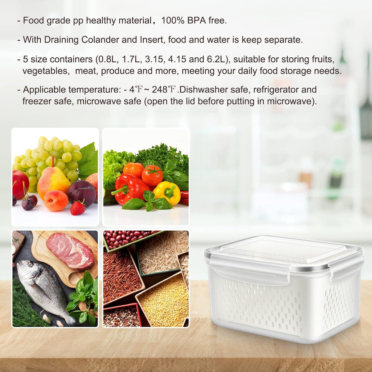 8 Pieces Fruit Storage Container for Fridge, 4Pack Plastic Fruit Containers for Fridge with Removable Colander, Container for Fruit Berry Salad Lettuce, BPA Free Kitchen Refrigerator Organizers