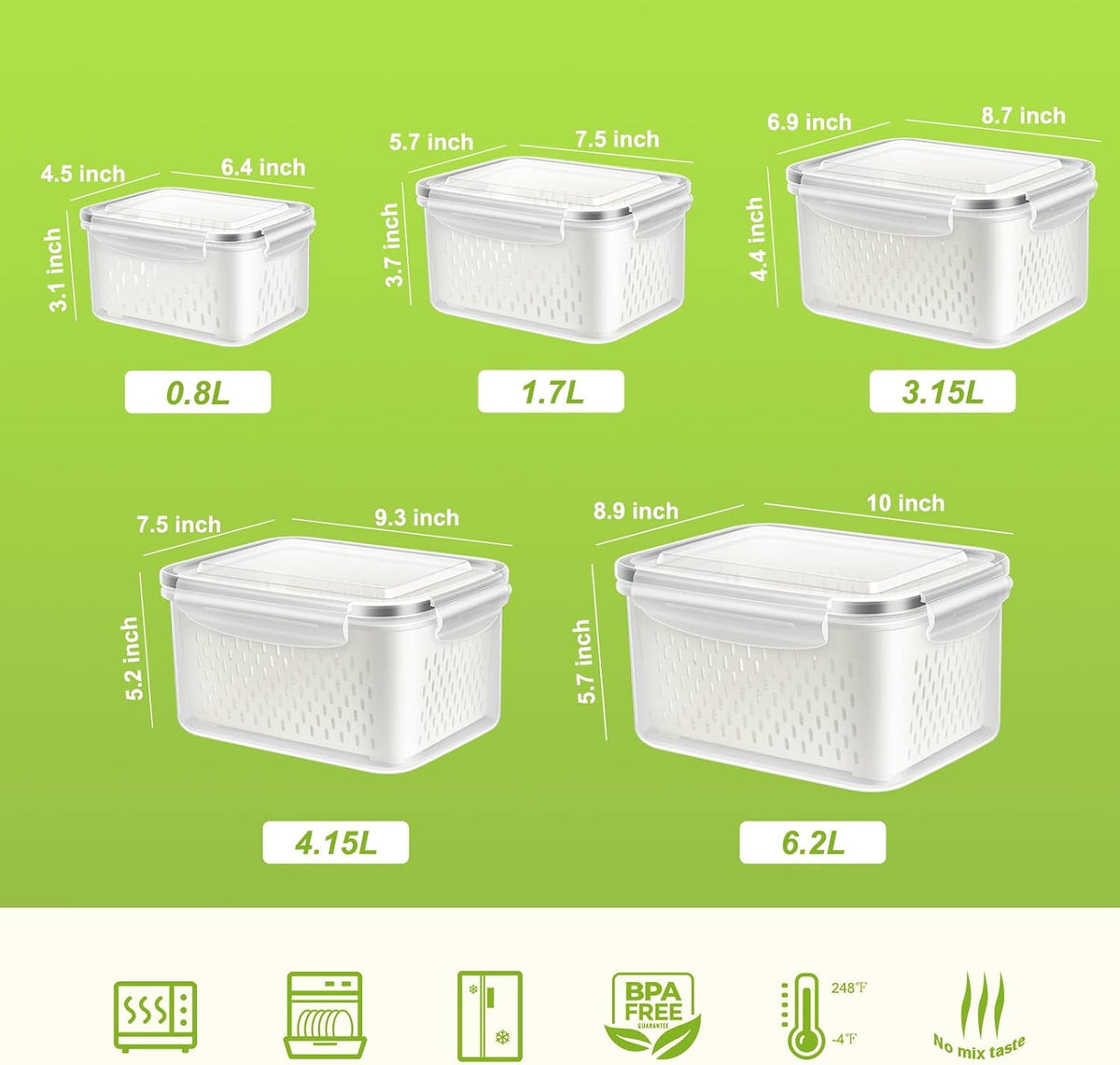 8 Pieces Fruit Storage Container for Fridge, 4Pack Plastic Fruit Containers for Fridge with Removable Colander, Container for Fruit Berry Salad Lettuce, BPA Free Kitchen Refrigerator Organizers
