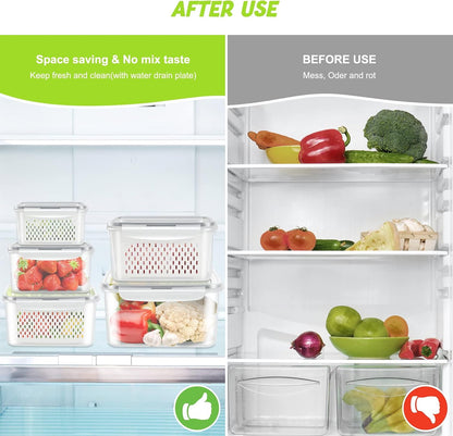 8 Pieces Fruit Storage Container for Fridge, 4Pack Plastic Fruit Containers for Fridge with Removable Colander, Container for Fruit Berry Salad Lettuce, BPA Free Kitchen Refrigerator Organizers