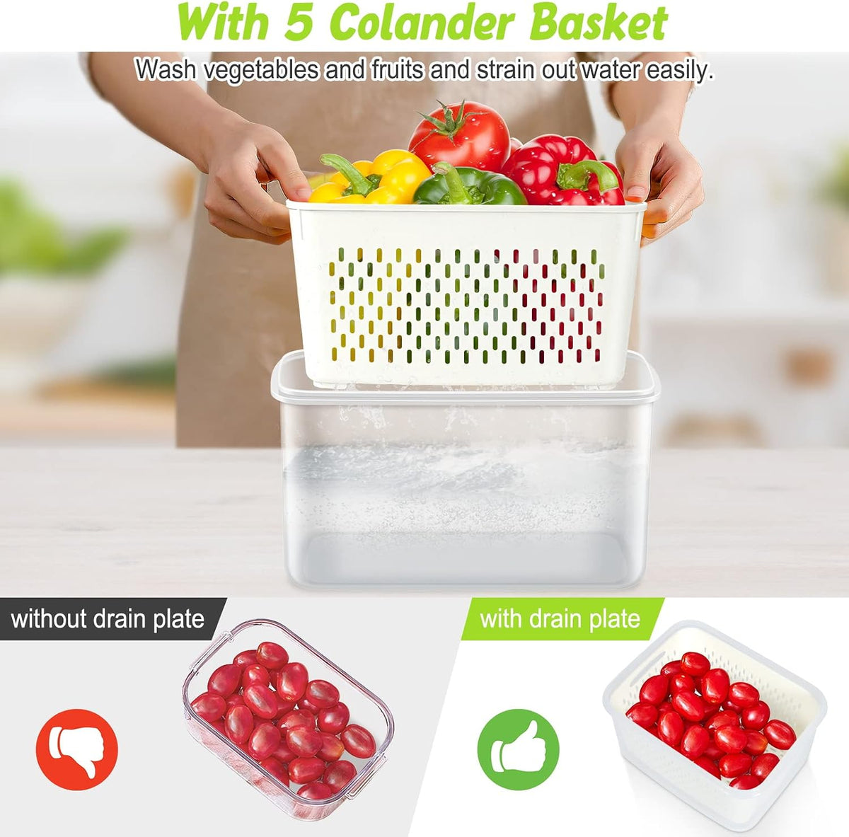 8 Pieces Fruit Storage Container for Fridge, 4Pack Plastic Fruit Containers for Fridge with Removable Colander, Container for Fruit Berry Salad Lettuce, BPA Free Kitchen Refrigerator Organizers