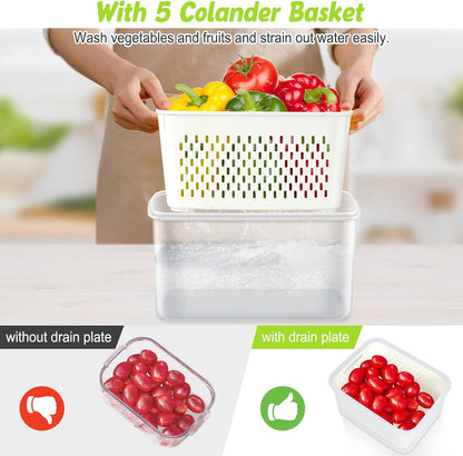 8 Pieces Fruit Storage Container for Fridge, 4Pack Plastic Fruit Containers for Fridge with Removable Colander, Container for Fruit Berry Salad Lettuce, BPA Free Kitchen Refrigerator Organizers