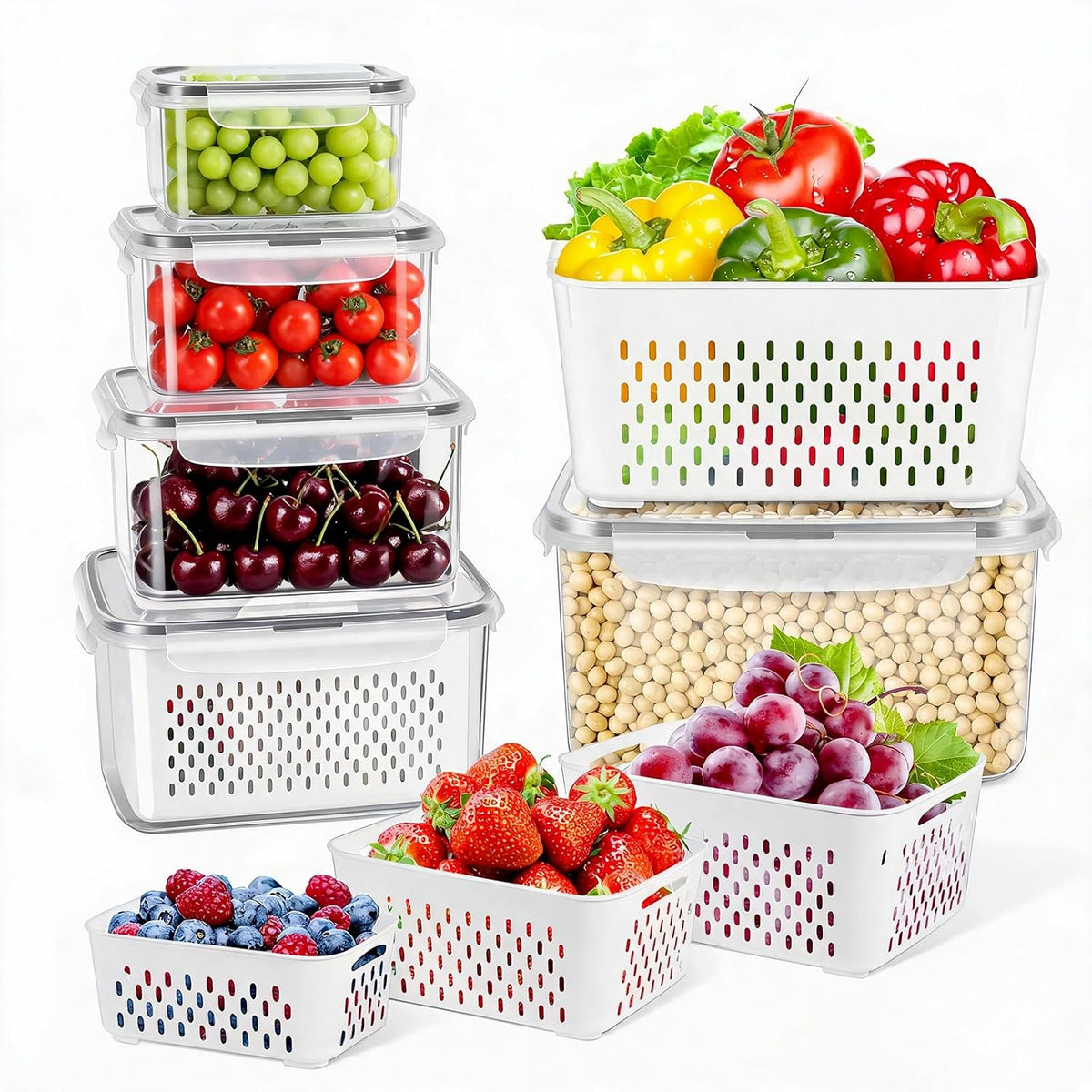 8 Pieces Fruit Storage Container for Fridge, 4Pack Plastic Fruit Containers for Fridge with Removable Colander, Container for Fruit Berry Salad Lettuce, BPA Free Kitchen Refrigerator Organizers