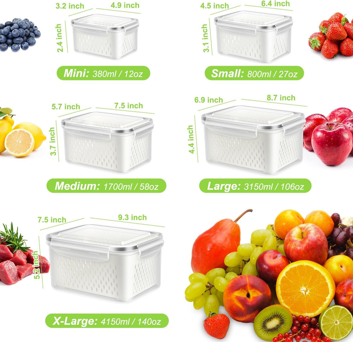 8 Pieces Fruit Storage Container for Fridge, 4Pack Plastic Fruit Containers for Fridge with Removable Colander, Container for Fruit Berry Salad Lettuce, BPA Free Kitchen Refrigerator Organizers