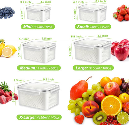 8 Pieces Fruit Storage Container for Fridge, 4Pack Plastic Fruit Containers for Fridge with Removable Colander, Container for Fruit Berry Salad Lettuce, BPA Free Kitchen Refrigerator Organizers