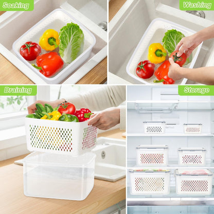 8 Pieces Fruit Storage Container for Fridge, 4Pack Plastic Fruit Containers for Fridge with Removable Colander, Container for Fruit Berry Salad Lettuce, BPA Free Kitchen Refrigerator Organizers