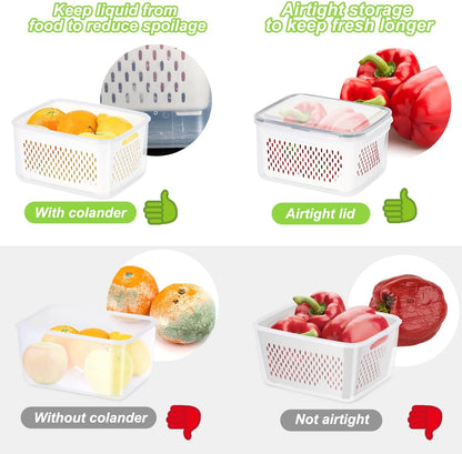 8 Pieces Fruit Storage Container for Fridge, 4Pack Plastic Fruit Containers for Fridge with Removable Colander, Container for Fruit Berry Salad Lettuce, BPA Free Kitchen Refrigerator Organizers