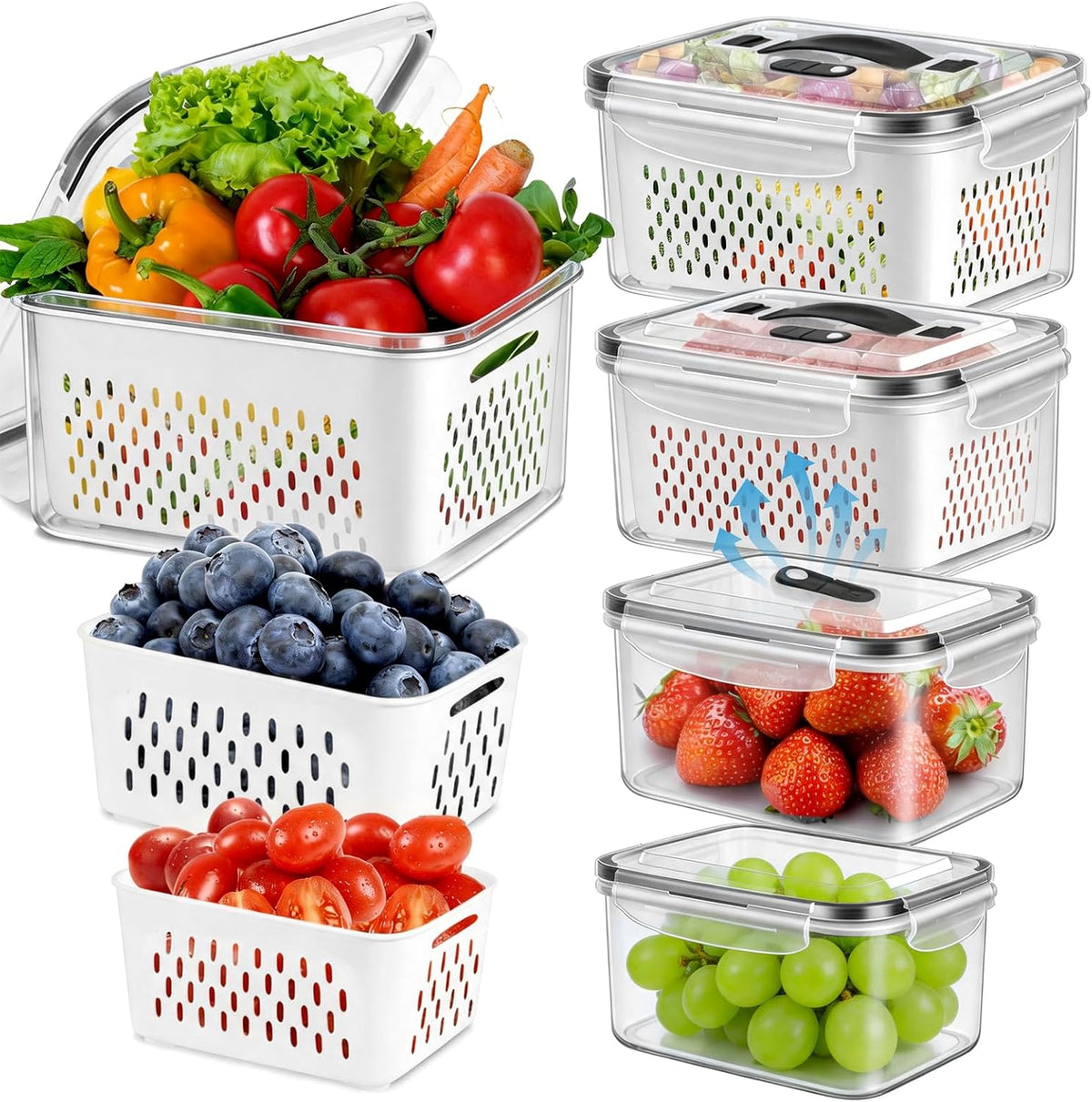 8 Pieces Fruit Storage Container for Fridge, 4Pack Plastic Fruit Containers for Fridge with Removable Colander, Container for Fruit Berry Salad Lettuce, BPA Free Kitchen Refrigerator Organizers