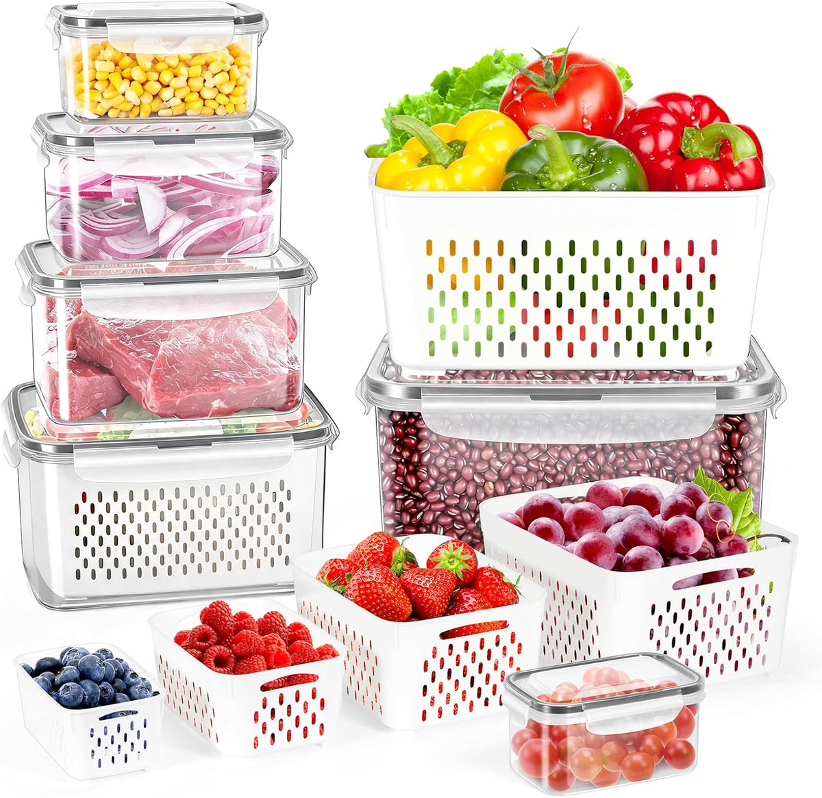 8 Pieces Fruit Storage Container for Fridge, 4Pack Plastic Fruit Containers for Fridge with Removable Colander, Container for Fruit Berry Salad Lettuce, BPA Free Kitchen Refrigerator Organizers