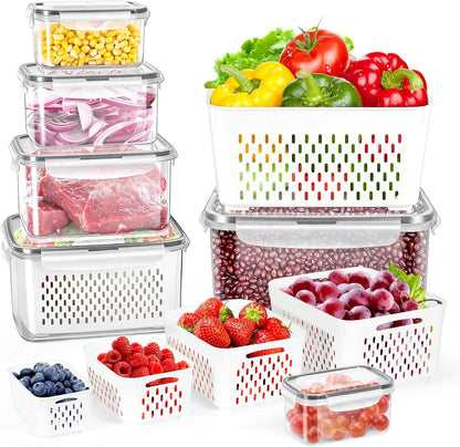 8 Pieces Fruit Storage Container for Fridge, 4Pack Plastic Fruit Containers for Fridge with Removable Colander, Container for Fruit Berry Salad Lettuce, BPA Free Kitchen Refrigerator Organizers