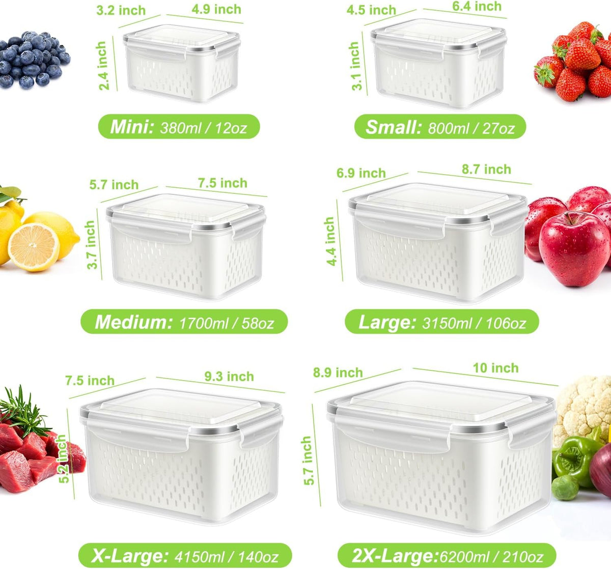 8 Pieces Fruit Storage Container for Fridge, 4Pack Plastic Fruit Containers for Fridge with Removable Colander, Container for Fruit Berry Salad Lettuce, BPA Free Kitchen Refrigerator Organizers