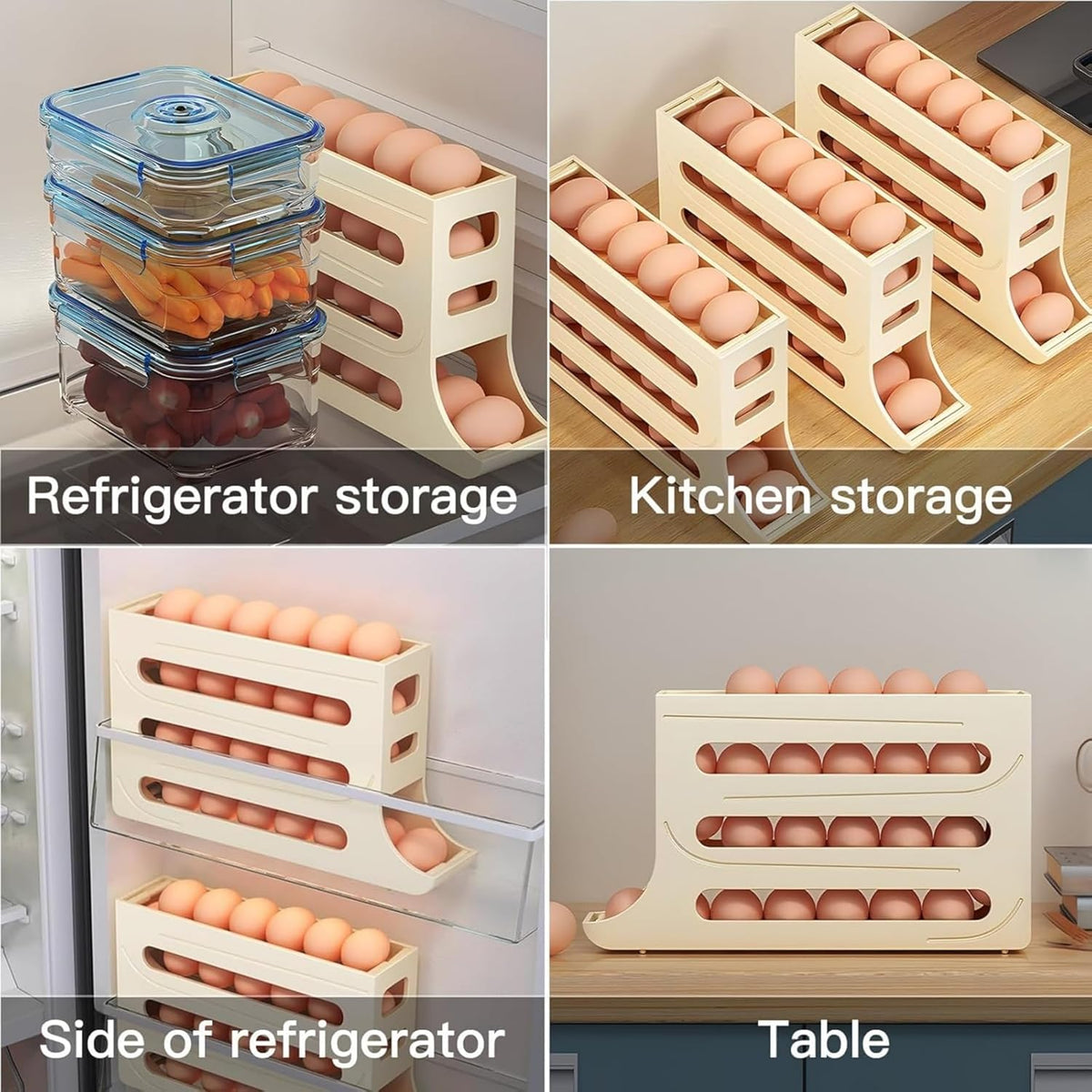 24 Eggs Egg Holder for Fridge,4 Tiers Egg Container,Auto Rolling Egg Organizer for Refrigerator,Cabinet&Pantry Space-Saving Egg Dispenser Holder,Ideal For Families And Busy Home Cooks (White)