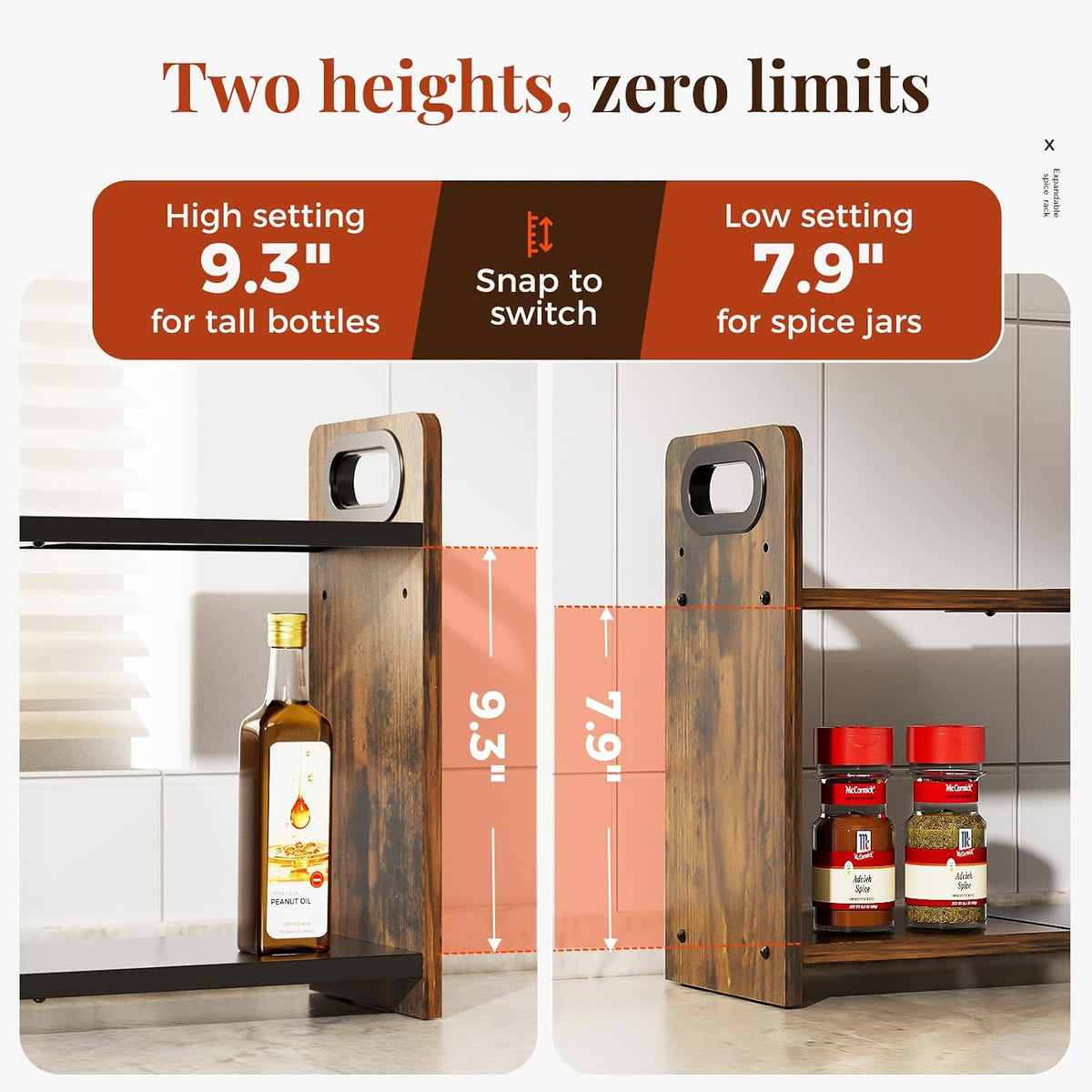 2-Tier Expandable Spice Rack Organizer for Countertop, 10.6"-17.3" | Metal & Wood ,Adjustable Height Spice Racks Shelf for Counter Cabinet Coffee Station, Space-saving Kitchen Storage Shelves