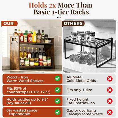 2-Tier Expandable Spice Rack Organizer for Countertop, 10.6"-17.3" | Metal & Wood ,Adjustable Height Spice Racks Shelf for Counter Cabinet Coffee Station, Space-saving Kitchen Storage Shelves