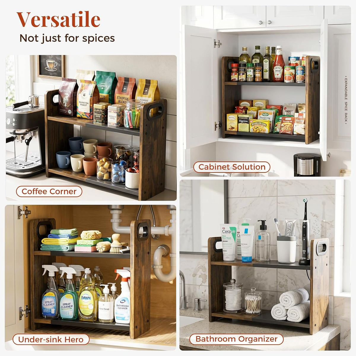 2-Tier Expandable Spice Rack Organizer for Countertop, 10.6"-17.3" | Metal & Wood ,Adjustable Height Spice Racks Shelf for Counter Cabinet Coffee Station, Space-saving Kitchen Storage Shelves