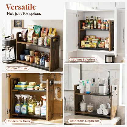 2-Tier Expandable Spice Rack Organizer for Countertop, 10.6"-17.3" | Metal & Wood ,Adjustable Height Spice Racks Shelf for Counter Cabinet Coffee Station, Space-saving Kitchen Storage Shelves