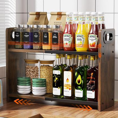 2-Tier Expandable Spice Rack Organizer for Countertop, 10.6"-17.3" | Metal & Wood ,Adjustable Height Spice Racks Shelf for Counter Cabinet Coffee Station, Space-saving Kitchen Storage Shelves