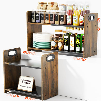 2-Tier Expandable Spice Rack Organizer for Countertop, 10.6"-17.3" | Metal & Wood ,Adjustable Height Spice Racks Shelf for Counter Cabinet Coffee Station, Space-saving Kitchen Storage Shelves
