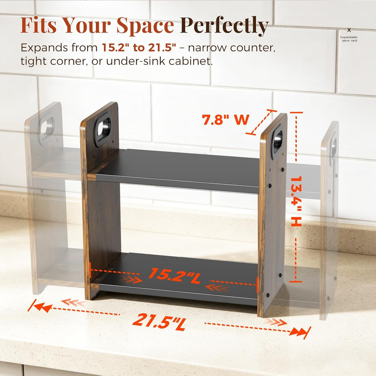 2-Tier Expandable Spice Rack Organizer for Countertop, 10.6"-17.3" | Metal & Wood ,Adjustable Height Spice Racks Shelf for Counter Cabinet Coffee Station, Space-saving Kitchen Storage Shelves