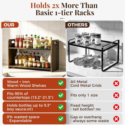 2-Tier Expandable Spice Rack Organizer for Countertop, 10.6"-17.3" | Metal & Wood ,Adjustable Height Spice Racks Shelf for Counter Cabinet Coffee Station, Space-saving Kitchen Storage Shelves