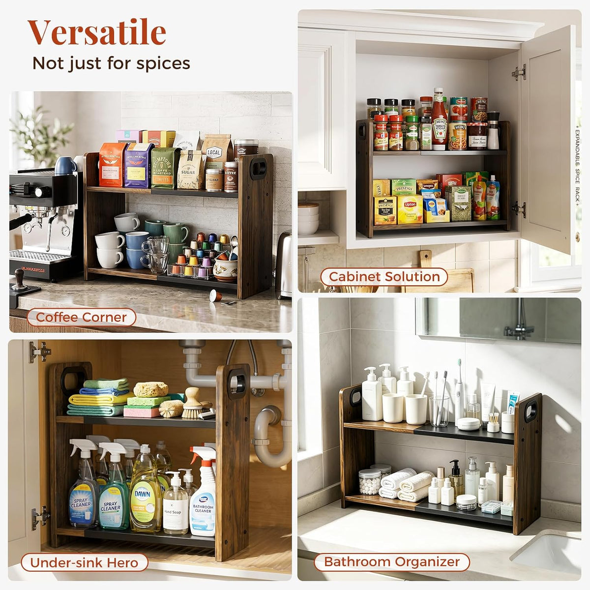 2-Tier Expandable Spice Rack Organizer for Countertop, 10.6"-17.3" | Metal & Wood ,Adjustable Height Spice Racks Shelf for Counter Cabinet Coffee Station, Space-saving Kitchen Storage Shelves