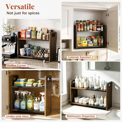 2-Tier Expandable Spice Rack Organizer for Countertop, 10.6"-17.3" | Metal & Wood ,Adjustable Height Spice Racks Shelf for Counter Cabinet Coffee Station, Space-saving Kitchen Storage Shelves
